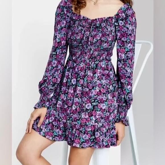 Wild Fable Purple Floral Smocked Long Sleeve Mini Dress Size Large - Picture 5 of 13